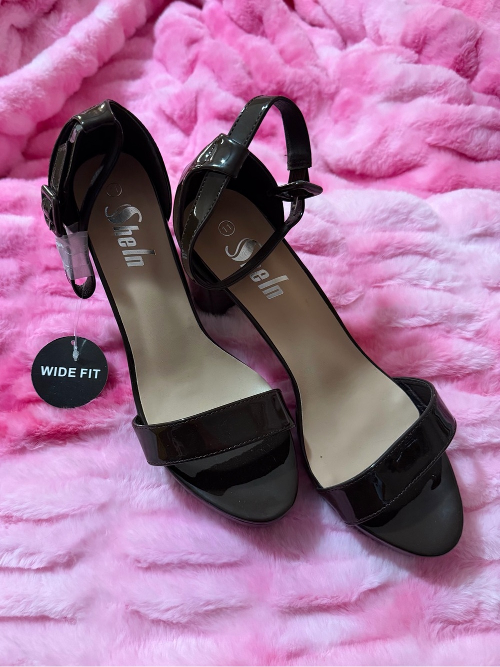 SHEIN Brown Patent Ankle-Strap Wide Fit Women’s Sandals